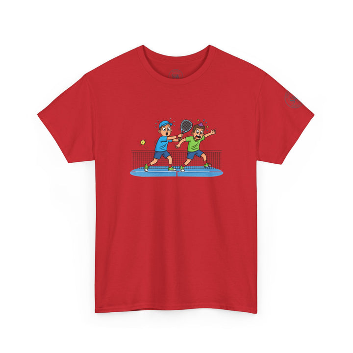 Red T-shirt with padel players graphic by S&amp;W Gallus featuring cartoon players and a tennis ball.
