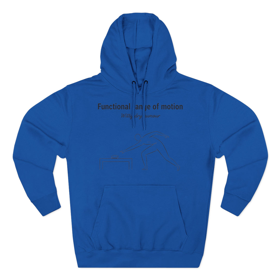 Blue hoodie by S&amp;W Gallus, featuring a graphic of a person performing a functional range of motion exercise.