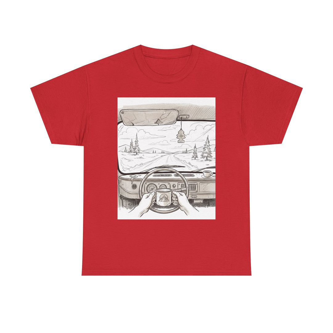 Scenic Drive Van Illustration Tee – soft cotton with a detailed van and landscape design. Perfect for road trips, outdoor adventures, and casual wear.