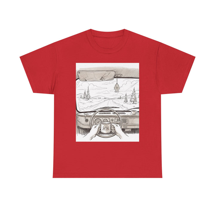 Scenic Drive Van Illustration Tee – soft cotton with a detailed van and landscape design. Perfect for road trips, outdoor adventures, and casual wear.