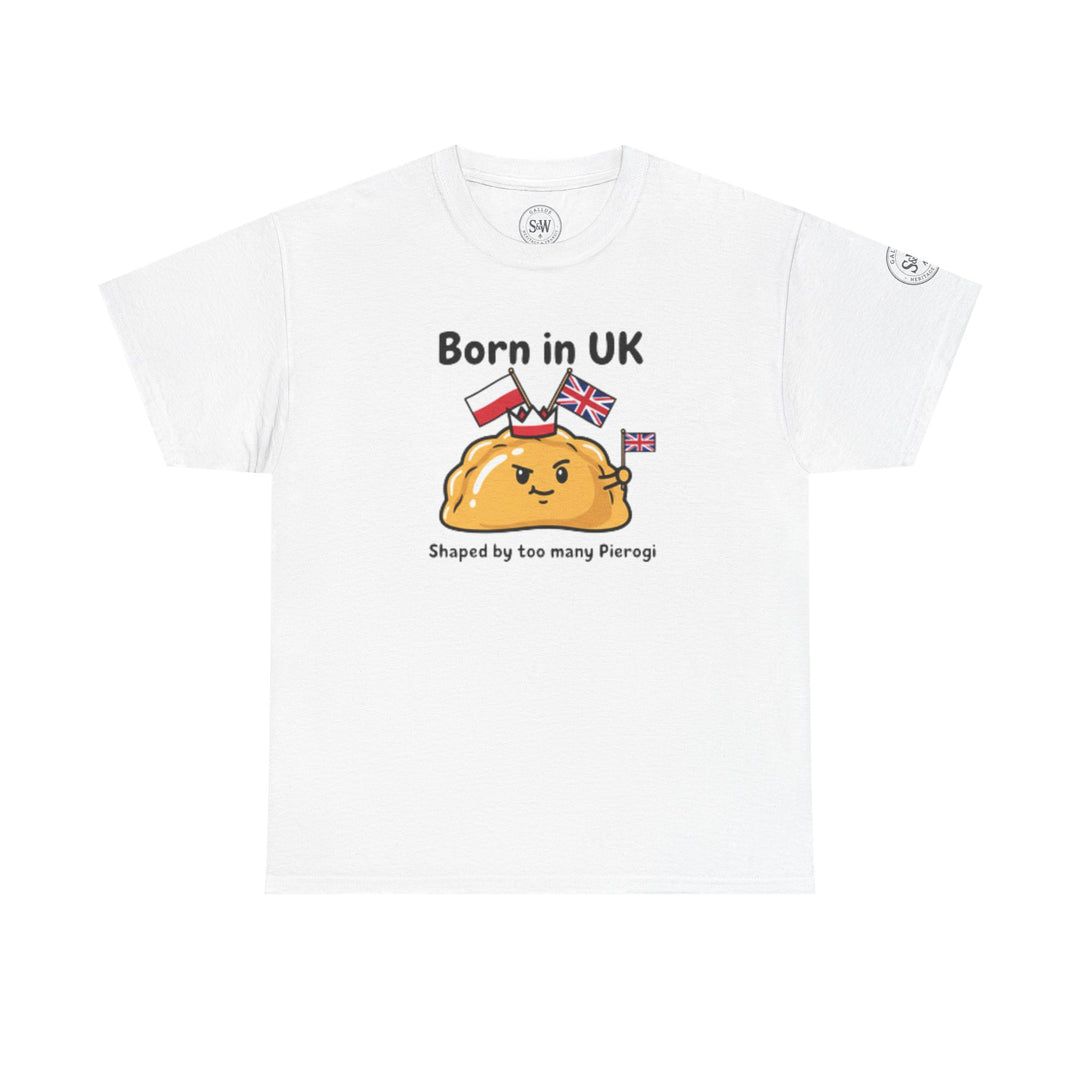 White t-shirt by S&amp;W Gallus, featuring a cartoon pierogi with Polish and British flags, plus the text "Born in UK."