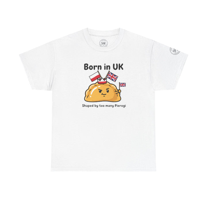 White t-shirt by S&amp;W Gallus, featuring a cartoon pierogi with Polish and British flags, plus the text "Born in UK."