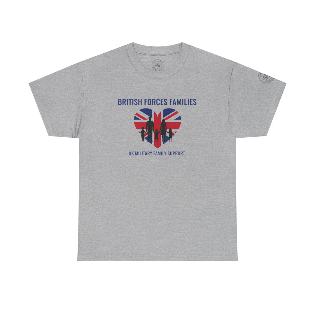 Gray t-shirt by S&amp;W Gallus with a British Forces family graphic in a heart shape.