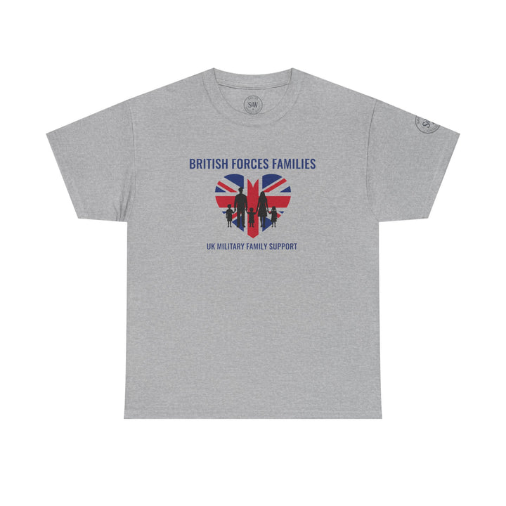 Gray t-shirt by S&amp;W Gallus with a British Forces family graphic in a heart shape.