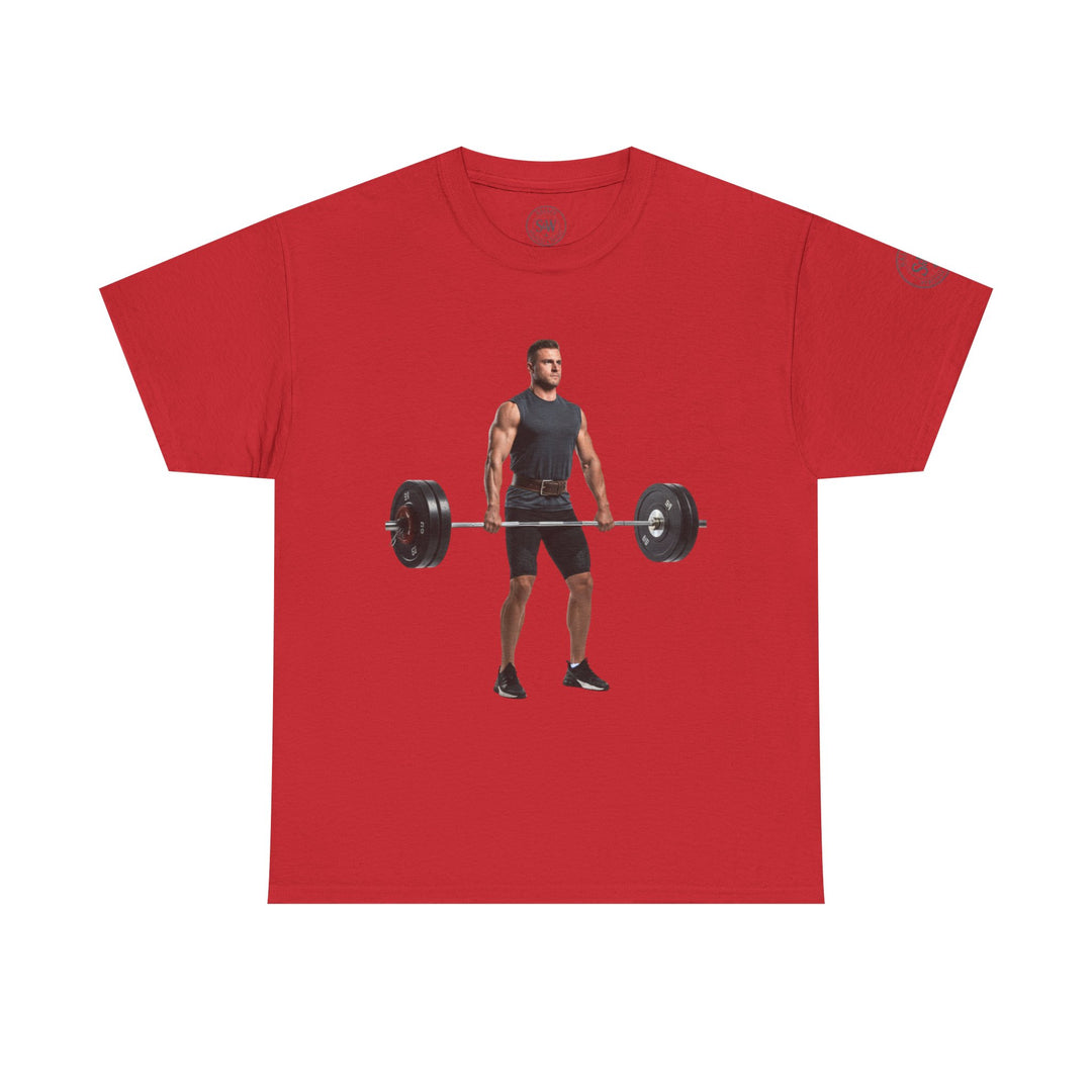 Red weightlifting graphic tee by S&amp;W Gallus featuring a lifter with barbell.