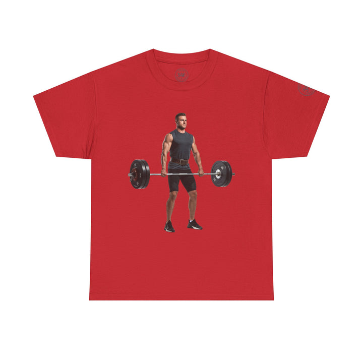 Red weightlifting graphic tee by S&amp;W Gallus featuring a lifter with barbell.
