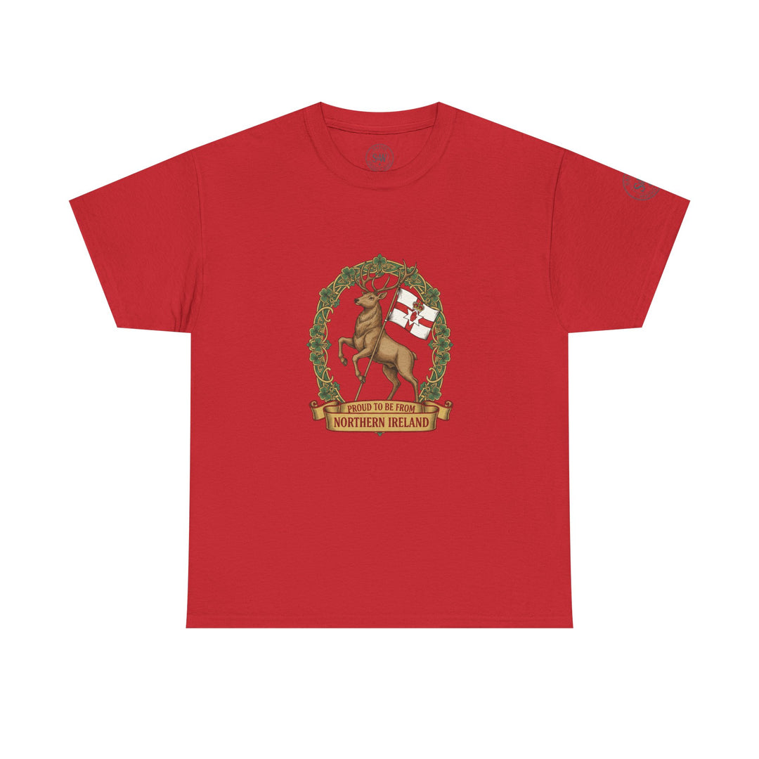 Red t-shirt by S&amp;W Gallus featuring a stag with the flag of Northern Ireland in a decorative wreath.