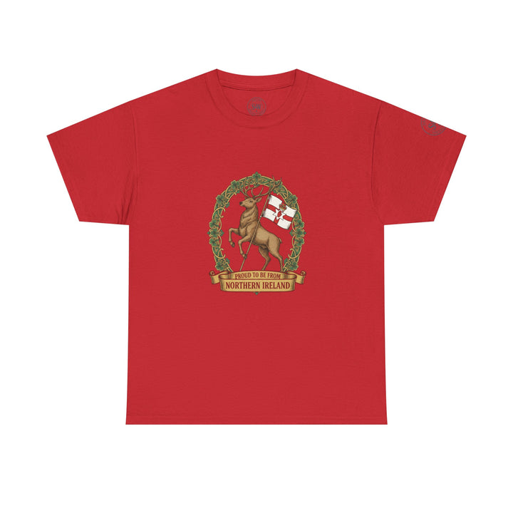 Red t-shirt by S&amp;W Gallus featuring a stag with the flag of Northern Ireland in a decorative wreath.