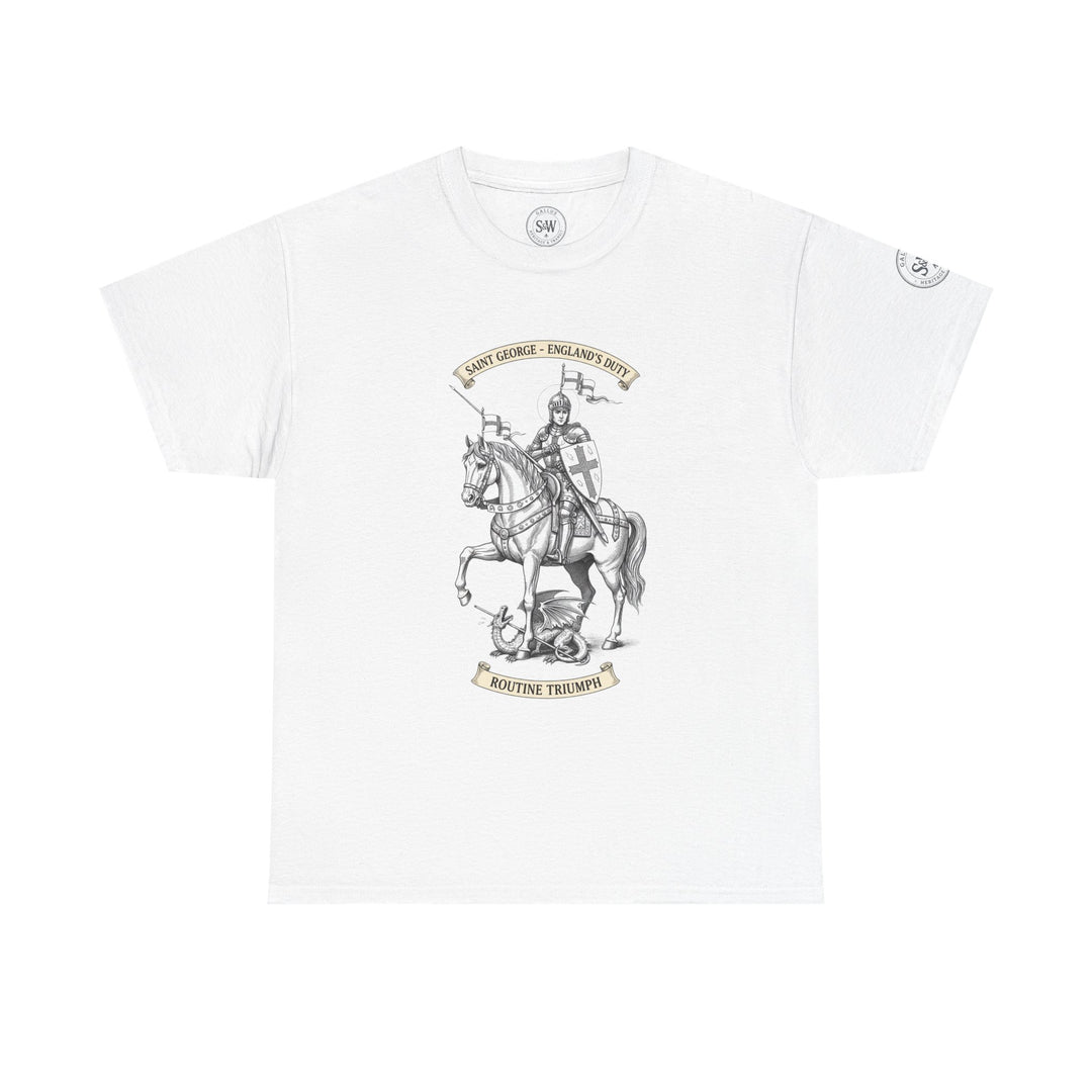 White England Saint George T-shirt by S&amp;W Gallus with Saint George illustration and vintage-style decorative elements.