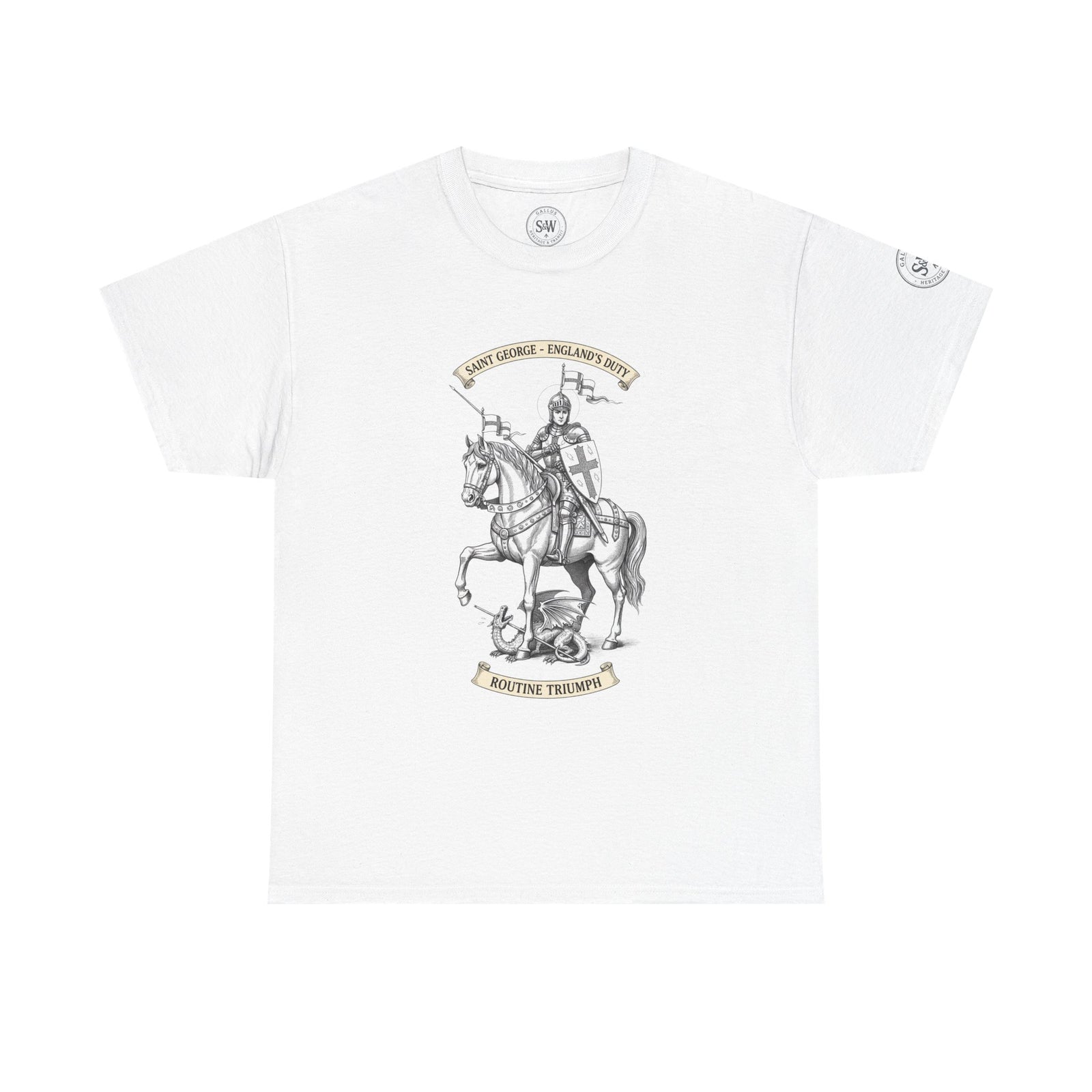 White England Saint George T-shirt by S&W Gallus with Saint George illustration and vintage-style decorative elements.