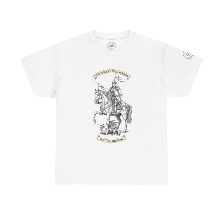 White England Saint George T-shirt by S&amp;W Gallus with Saint George illustration and vintage-style decorative elements.