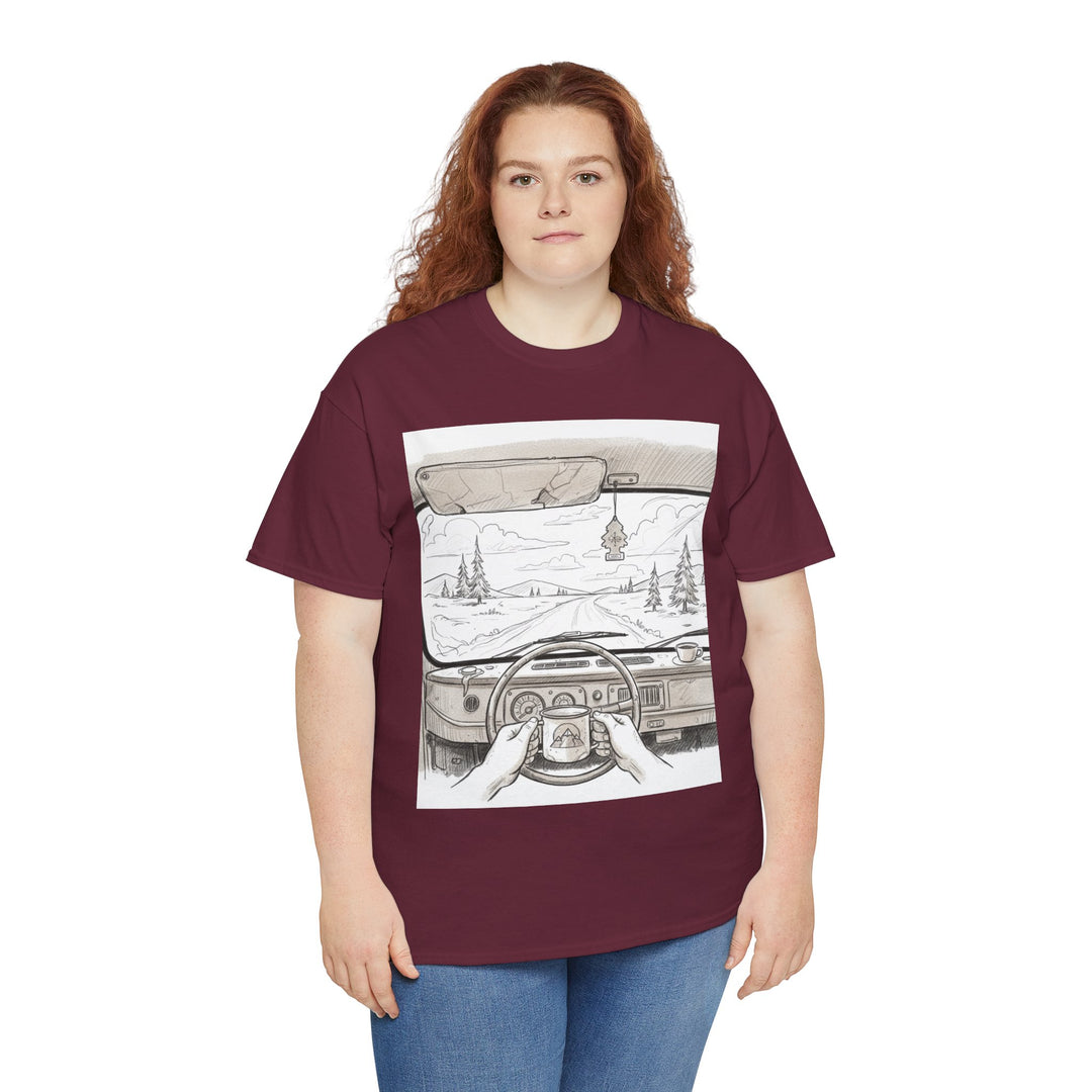Scenic Drive Van Illustration Tee – soft cotton with a detailed van and landscape design. Perfect for road trips, outdoor adventures, and casual wear.
