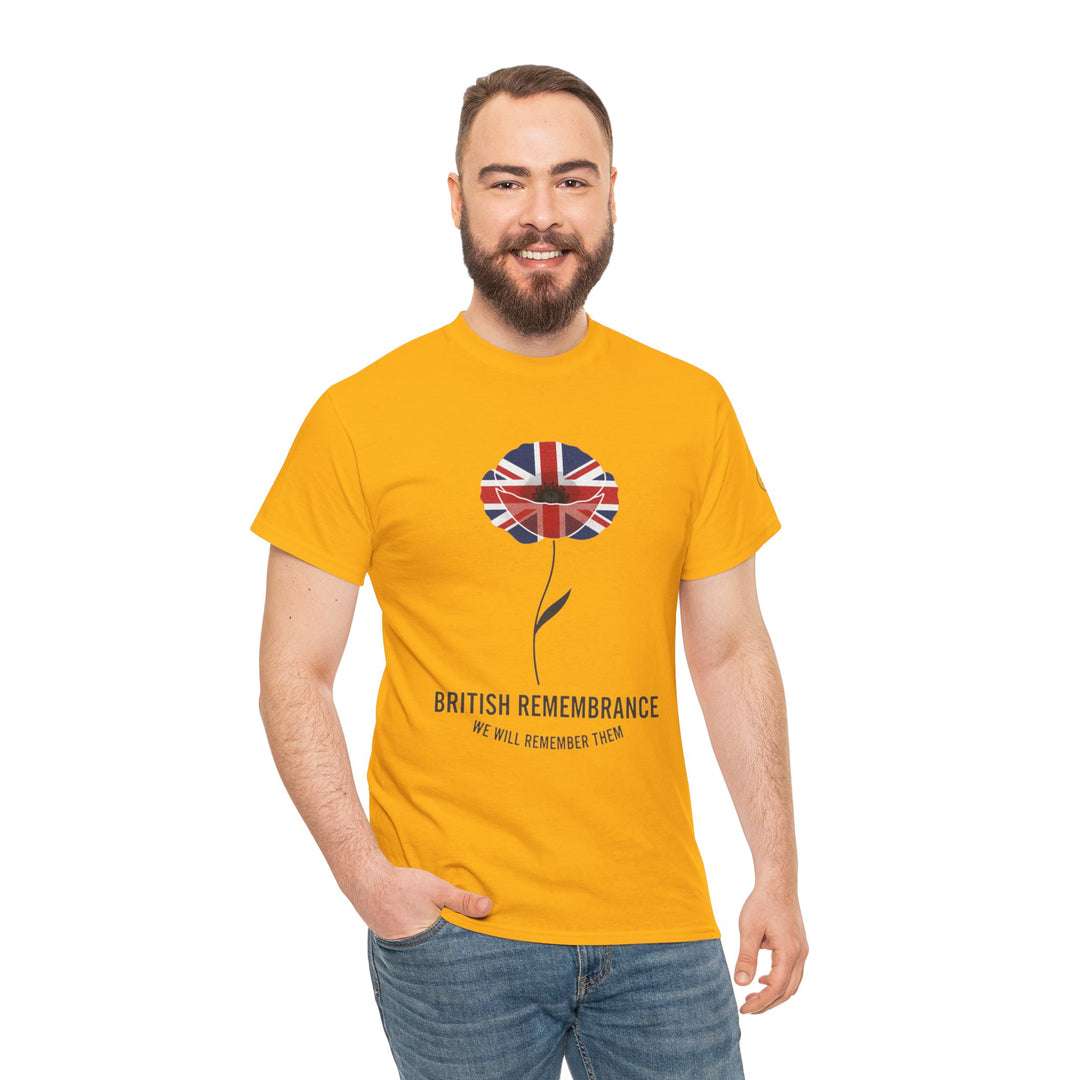 Yellow t-shirt by S&amp;W Gallus, featuring a remembrance flag poppy design on the front, styled with jeans.