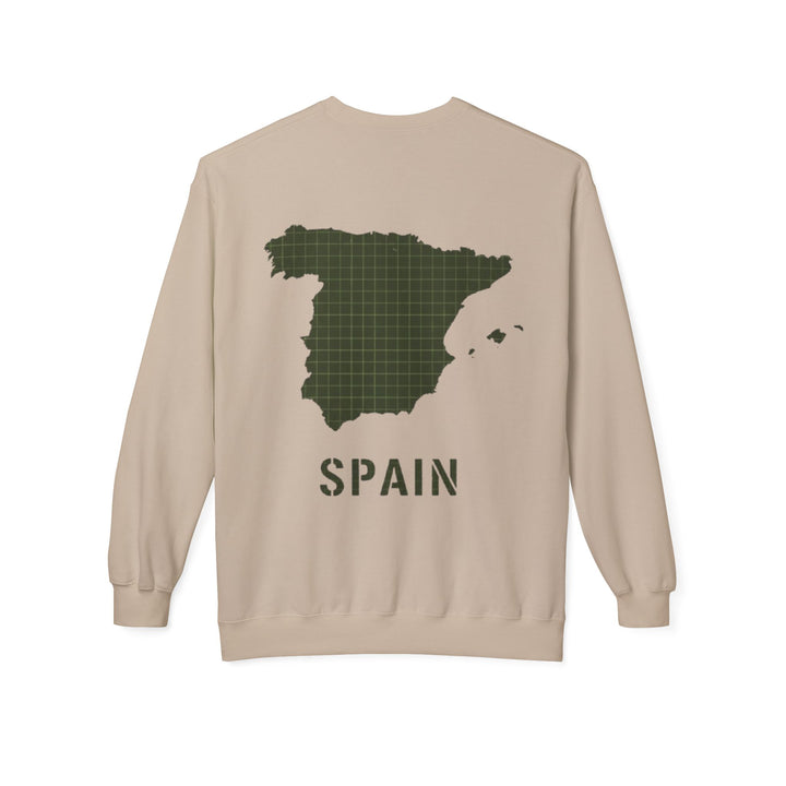 Spain Map Crewneck Sweatshirt — Military Green Grid Spain Graphic