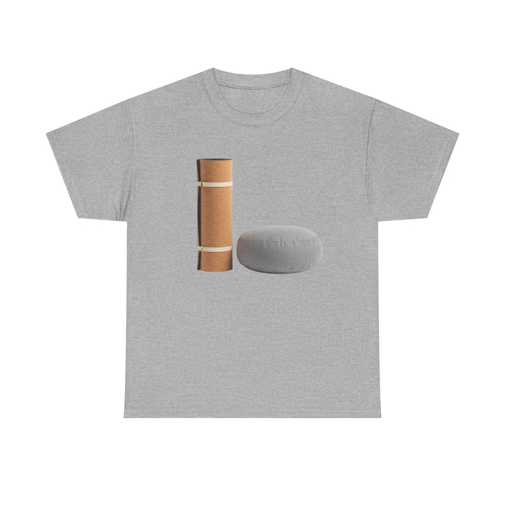 Mat &amp; Meditation Cushion Tee – soft, breathable cotton featuring a yoga-inspired design. Perfect for meditation, studio practice, or mindful everyday wear.