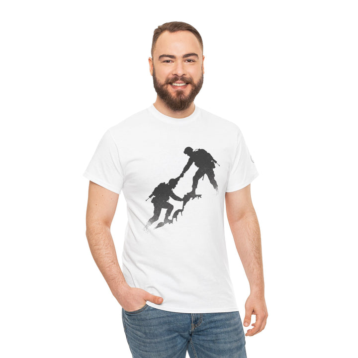 White t-shirt with silhouette graphic by S&amp;W Gallus, featuring a crew neck and worn with jeans.