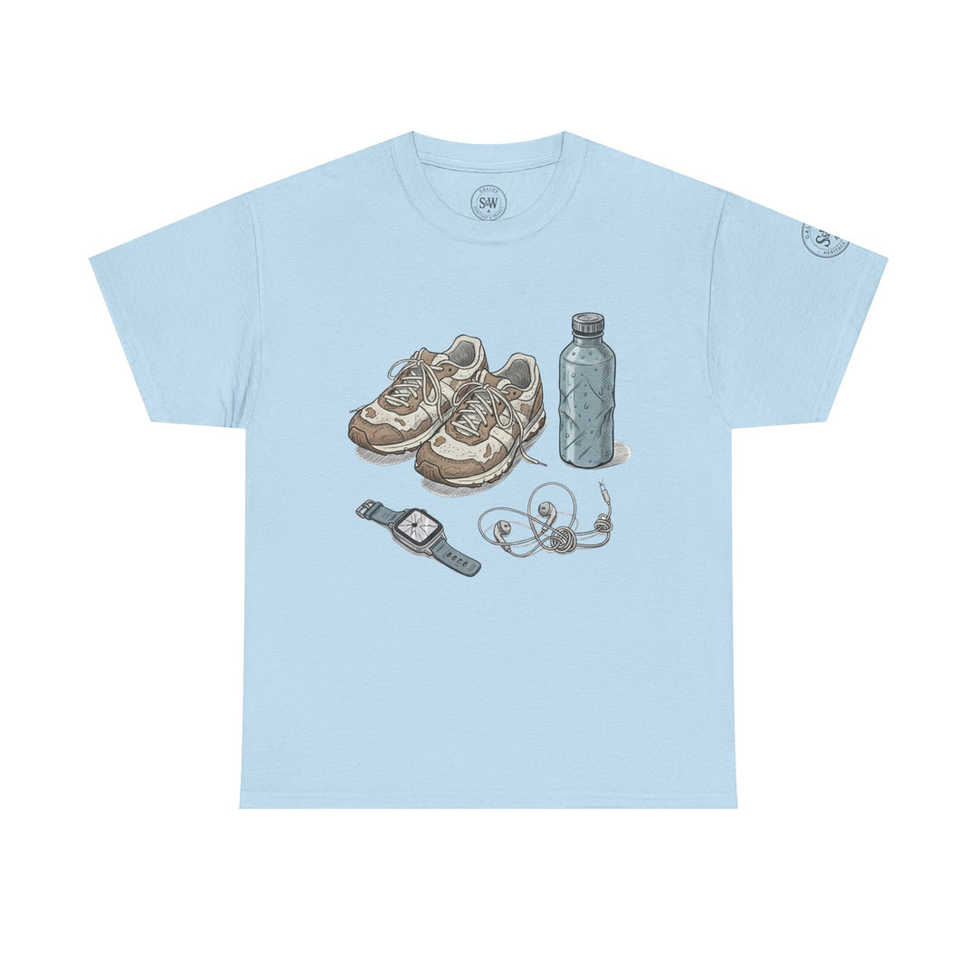 Light blue t-shirt by S&amp;W Gallus with a graphic of running shoes, water bottle, watch, and headphones.