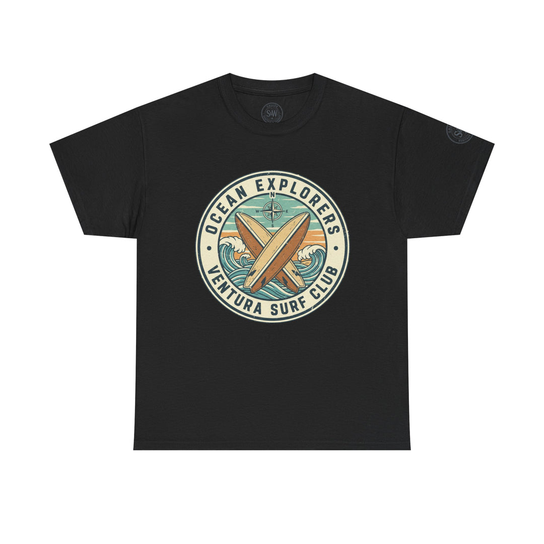 Black t-shirt by S&amp;W Gallus, featuring a circular surf club logo graphic on the chest.
