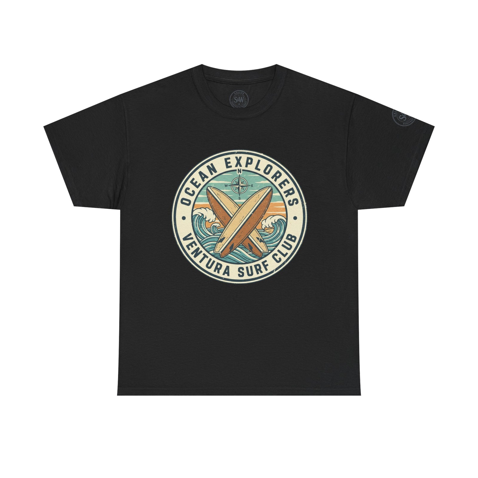 Black t-shirt by S&W Gallus, featuring a circular surf club logo graphic on the chest.