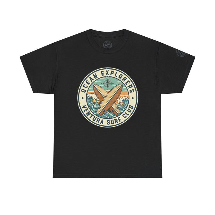 Black t-shirt by S&amp;W Gallus, featuring a circular surf club logo graphic on the chest.