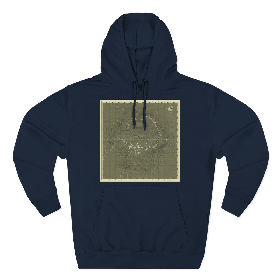 Navy blue hoodie by S&amp;W Gallus, displaying a topographic map design on the chest.