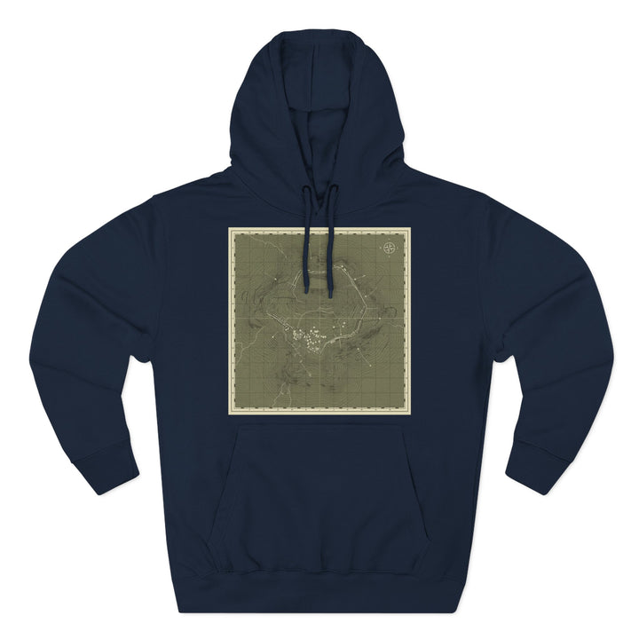 Navy blue hoodie by S&amp;W Gallus, displaying a topographic map design on the chest.