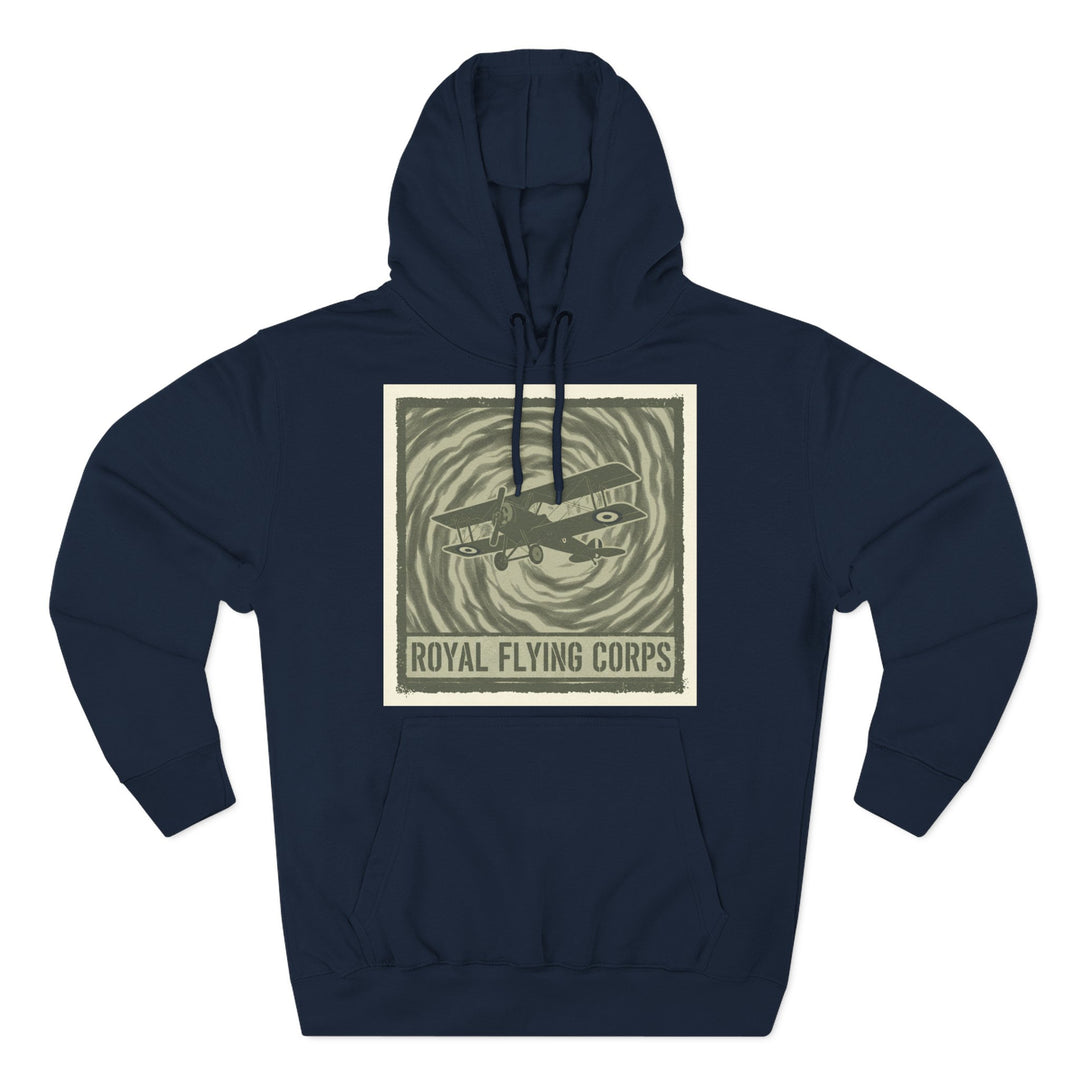 Navy hoodie by S&amp;W Gallus featuring a vintage-style airplane graphic with the text "Royal Flying Corps" on the front.