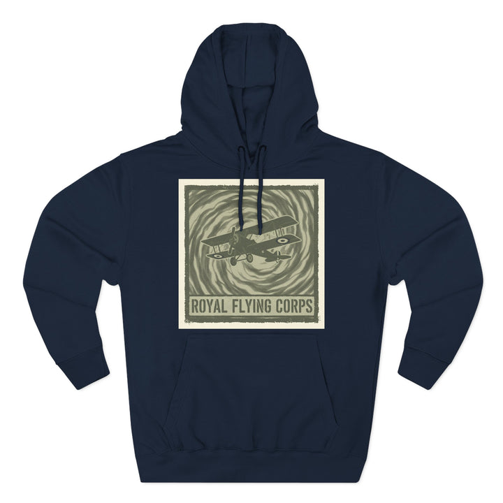 Navy hoodie by S&amp;W Gallus featuring a vintage-style airplane graphic with the text "Royal Flying Corps" on the front.
