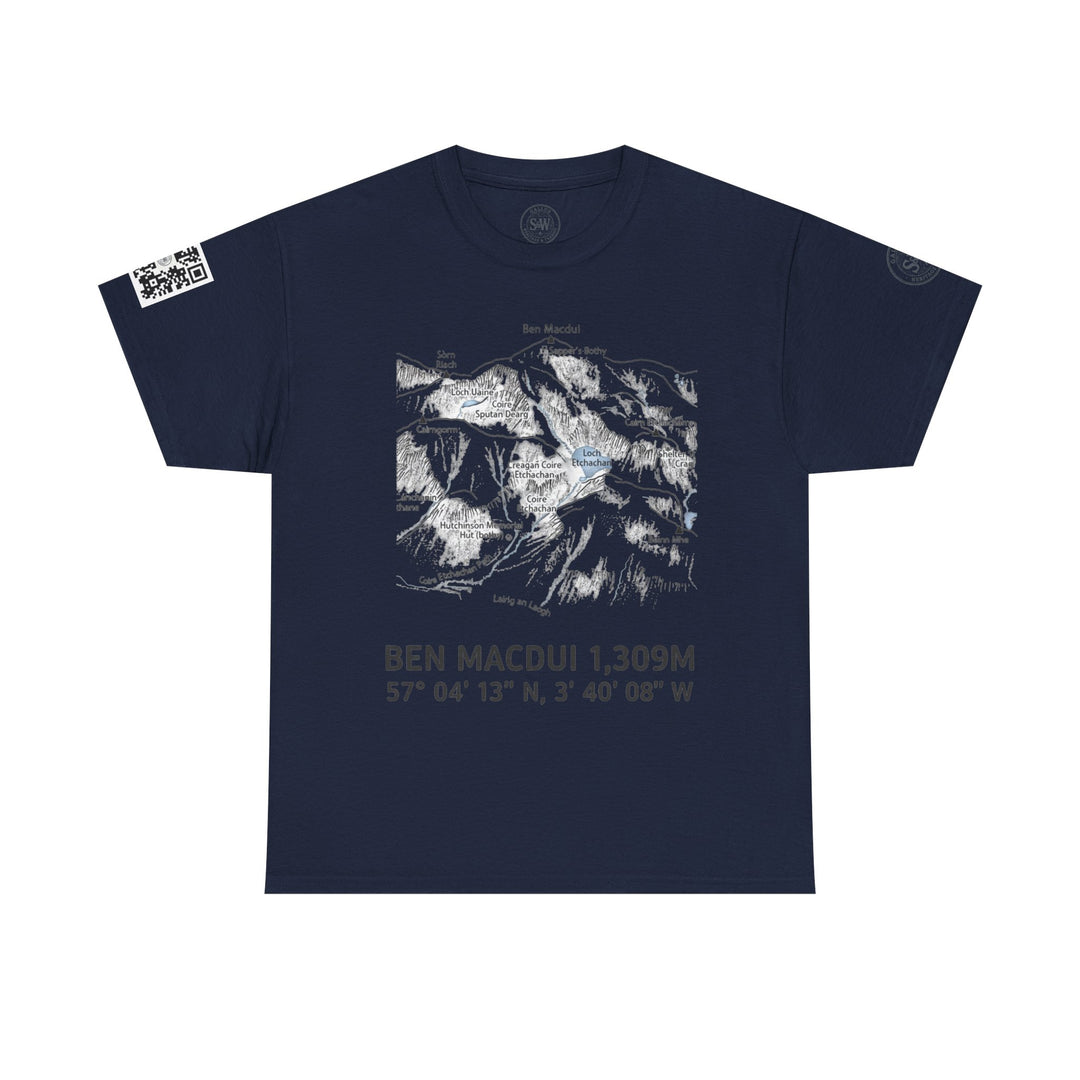 Navy t-shirt by S&amp;W Gallus featuring a mountain graphic, QR code on the sleeve, and a round logo.