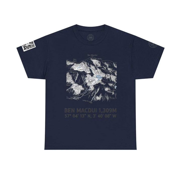 Navy t-shirt by S&amp;W Gallus featuring a mountain graphic, QR code on the sleeve, and a round logo.
