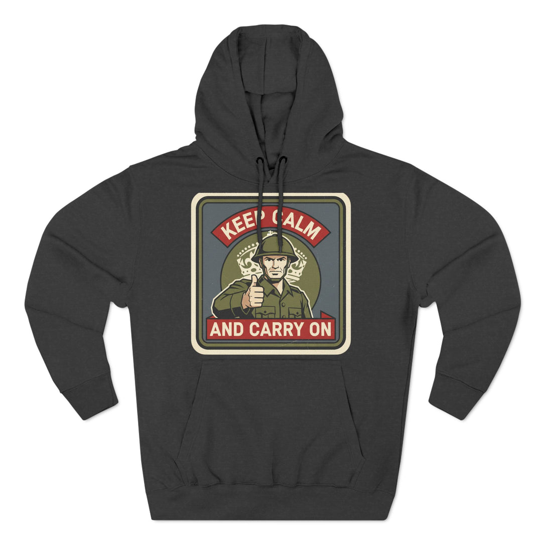 Dark heather hoodie by S&amp;W Gallus featuring a military-themed "Keep Calm and Carry On" graphic on the front.