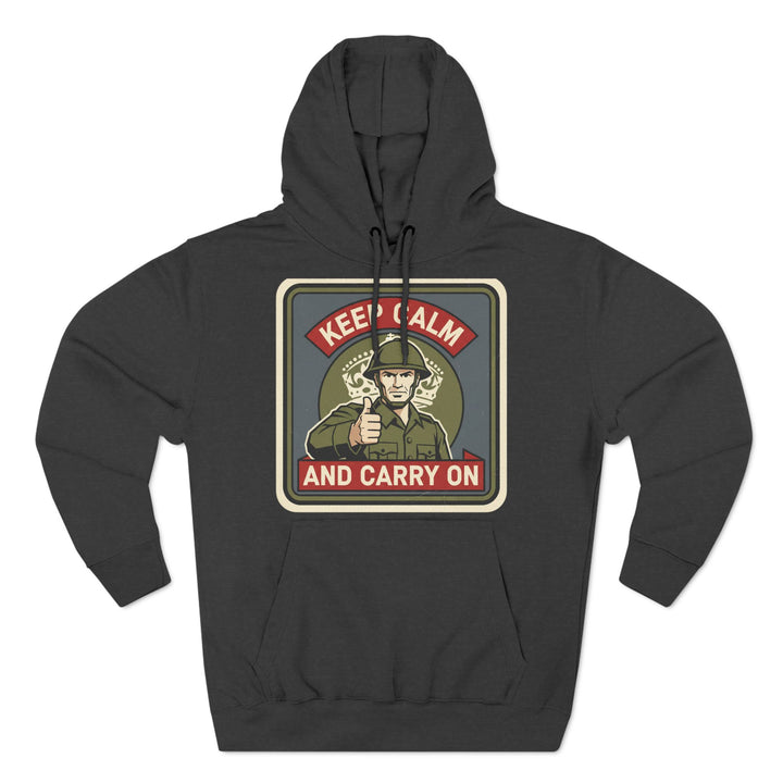 Dark heather hoodie by S&amp;W Gallus featuring a military-themed "Keep Calm and Carry On" graphic on the front.