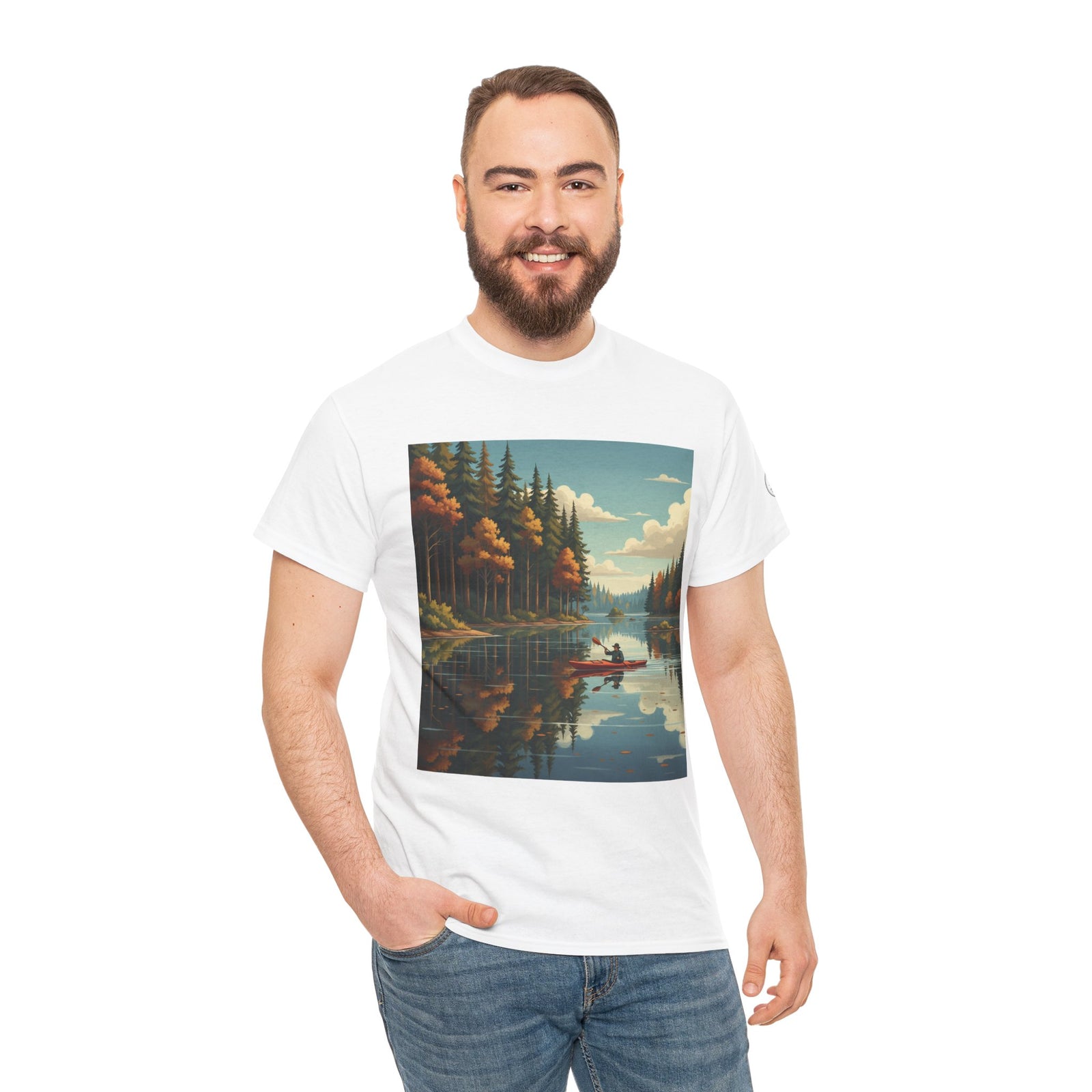 White T-shirt by S&W Gallus featuring a serene lake scene graphic, worn with blue jeans.