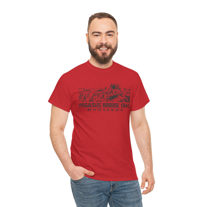 Red Pegasus Bridge 1944 T-shirt by S&amp;W Gallus, featuring a black graphic print, worn with blue jeans.