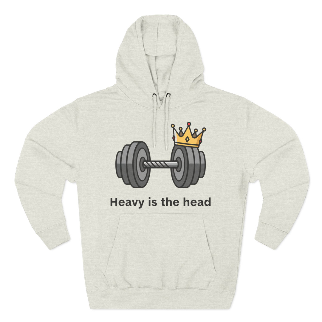 Heather gray hoodie by S&amp;W Gallus, featuring a barbell with a crown and the text "Heavy is the head".
