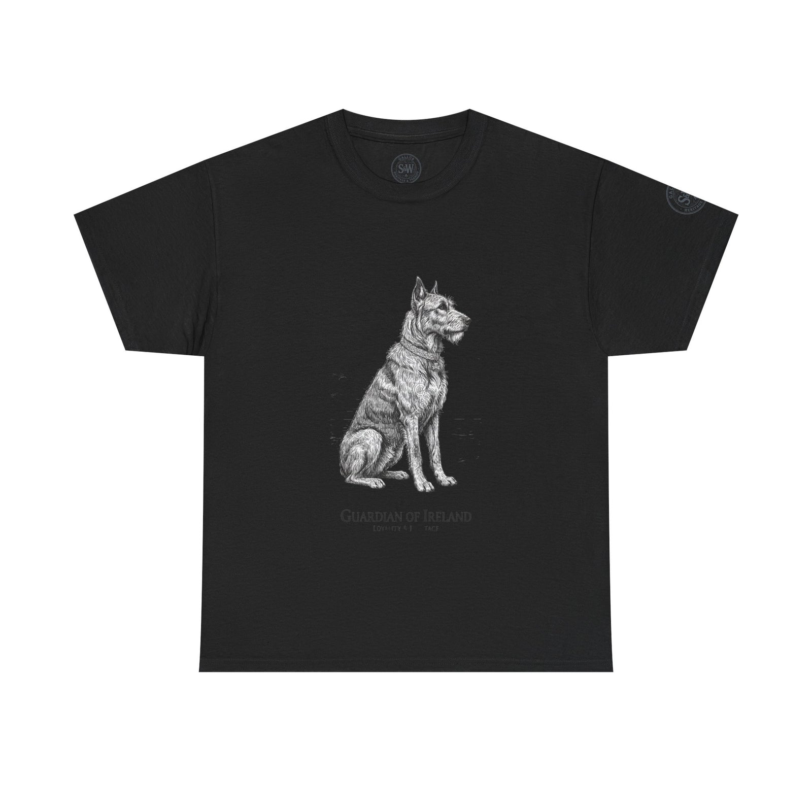 Black 'Guardian of Ireland' T-shirt by S&W Gallus, featuring a dog graphic and brand details.