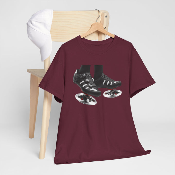 Spin Shoes Tee – soft, breathable cotton featuring a cycling shoes graphic. Perfect for spin classes, indoor workouts, and casual activewear.