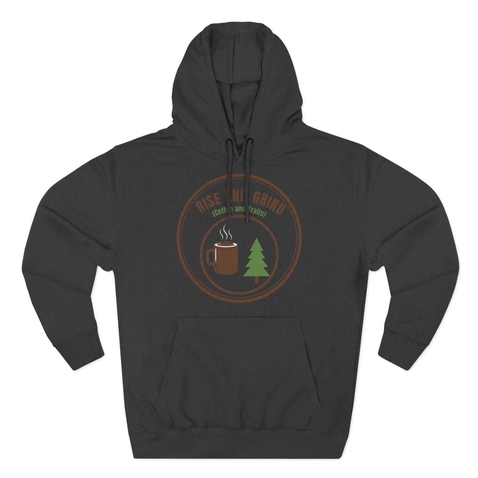 Black hoodie by S&W Gallus with a round coffee and nature graphic on the front.