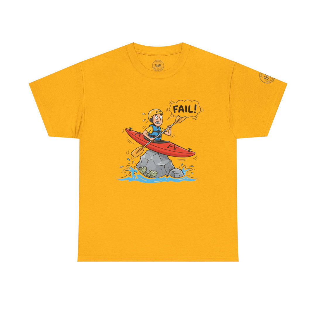 Gold t-shirt by S&amp;W Gallus featuring a cartoon of a kayaker crashing into a rock.