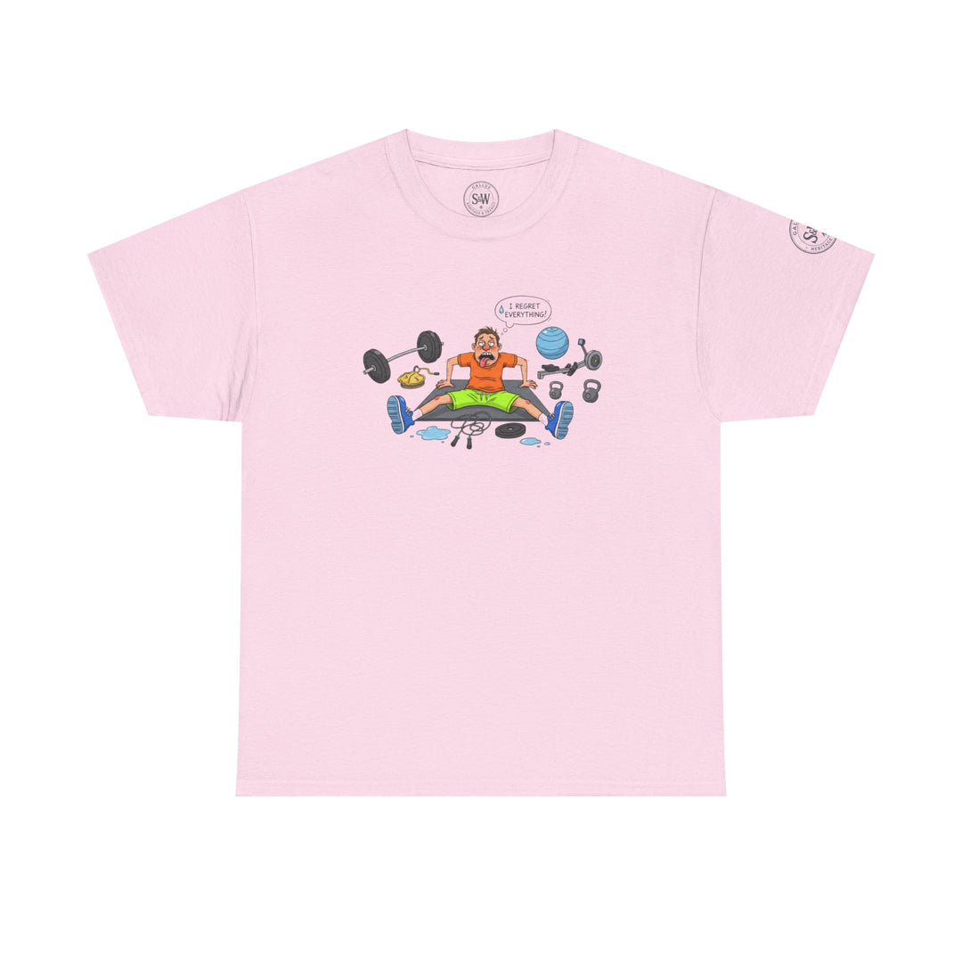 Pink t-shirt with a gym cartoon by S&amp;W Gallus, featuring a tired man surrounded by workout equipment.
