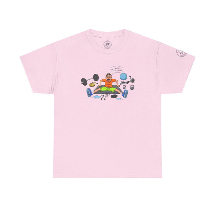Pink t-shirt with a gym cartoon by S&amp;W Gallus, featuring a tired man surrounded by workout equipment.