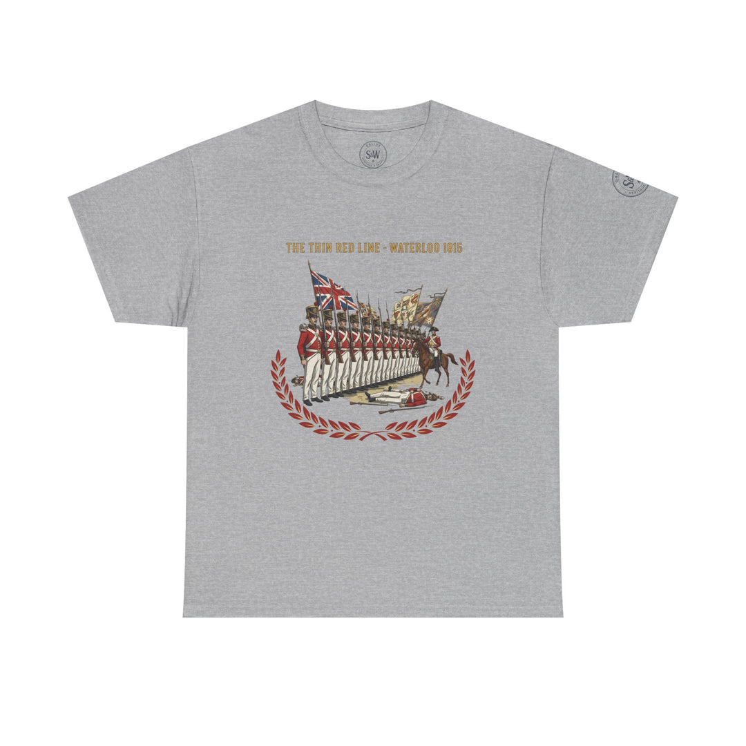 Gray t-shirt by S&amp;W Gallus with a "The Thin Red Line - Waterloo 1815" graphic on the front.
