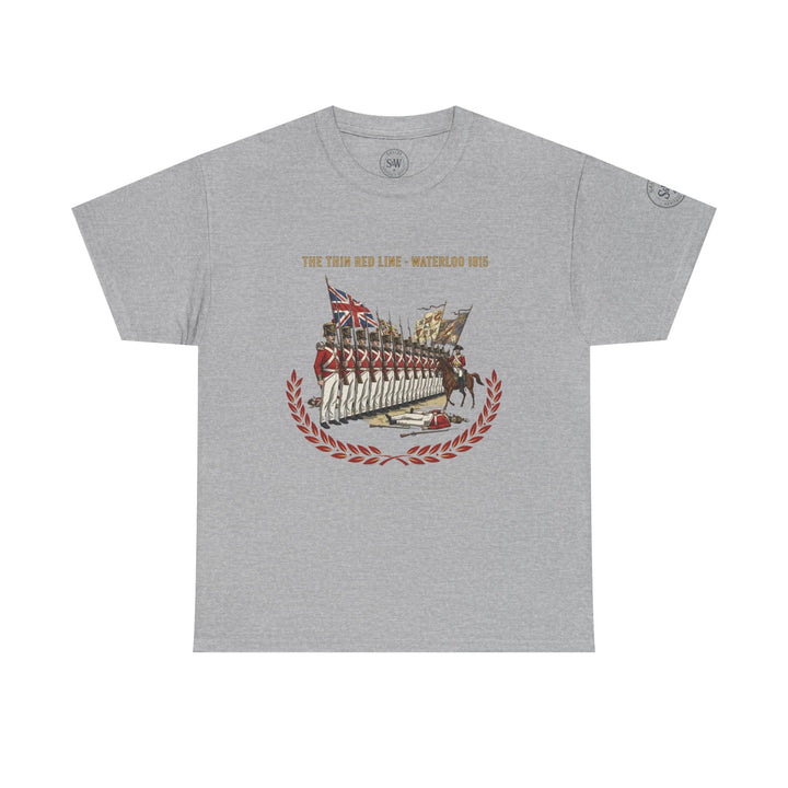 Gray t-shirt by S&amp;W Gallus with a "The Thin Red Line - Waterloo 1815" graphic on the front.
