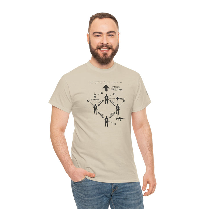Sand-colored T-shirt with tactics diagram by S&amp;W Gallus, featuring an infantry formation graphic, worn with jeans.