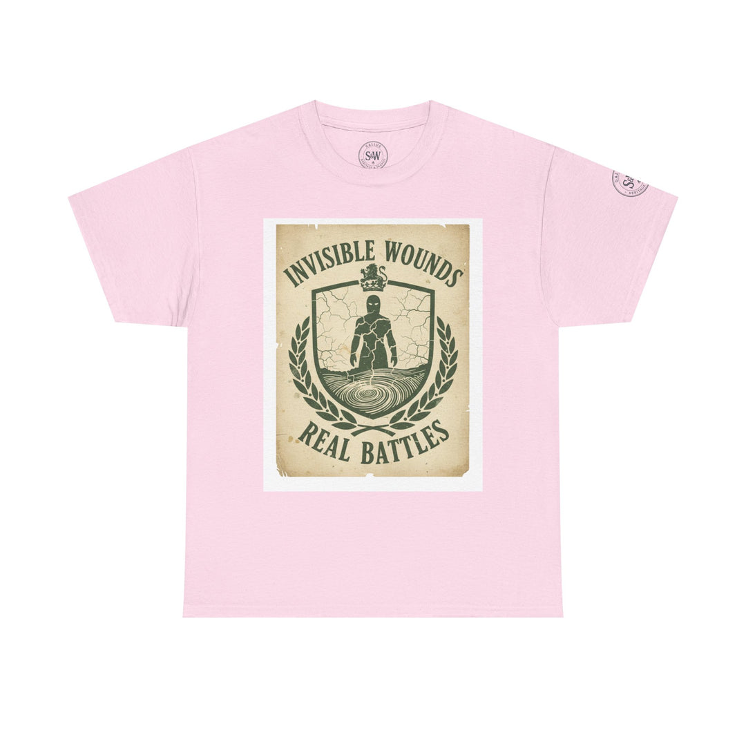 Pink t-shirt by S&amp;W Gallus featuring a graphic design with the words "Invisible Wounds Real Battles".
