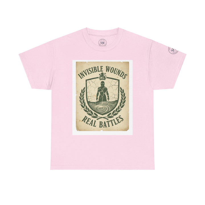 Pink t-shirt by S&amp;W Gallus featuring a graphic design with the words "Invisible Wounds Real Battles".
