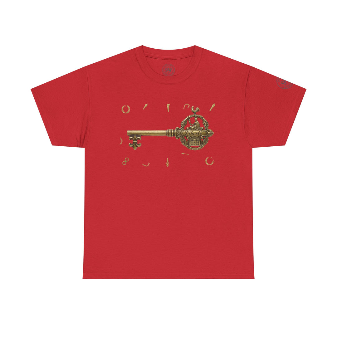 Red t-shirt by S&amp;W Gallus with a golden Bastille key design and scattered symbols.