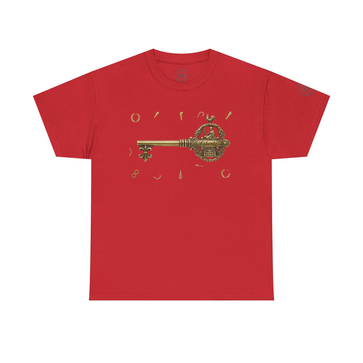 Red t-shirt by S&amp;W Gallus with a golden Bastille key design and scattered symbols.