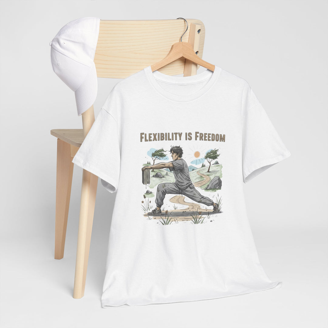 Flexibility Is Freedom Tee – soft, breathable cotton featuring a motivational design. Perfect for yoga, Pilates, stretching, or casual active lifestyle wear.
