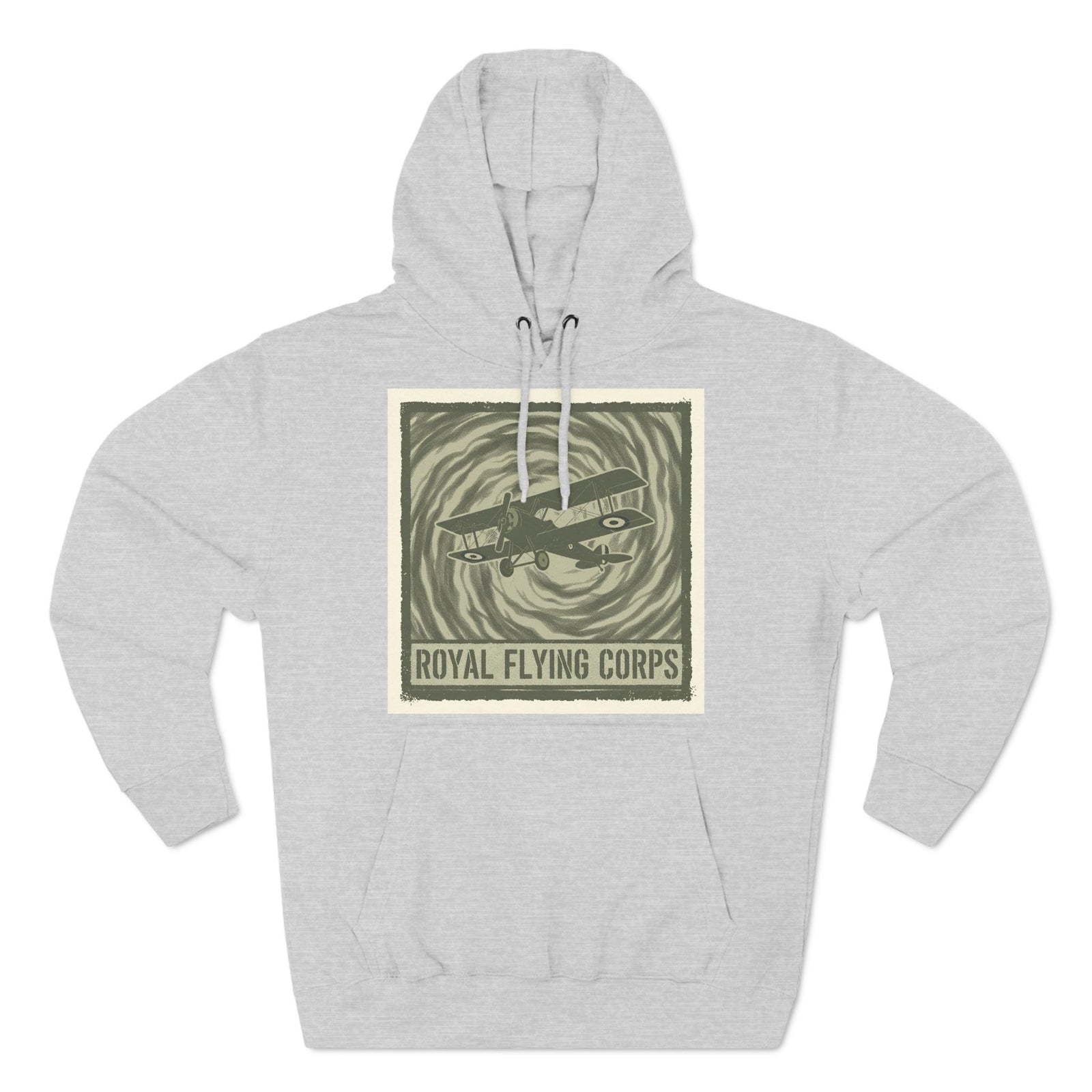 Heather grey hoodie by S&W Gallus featuring a vintage airplane and Royal Flying Corps text.